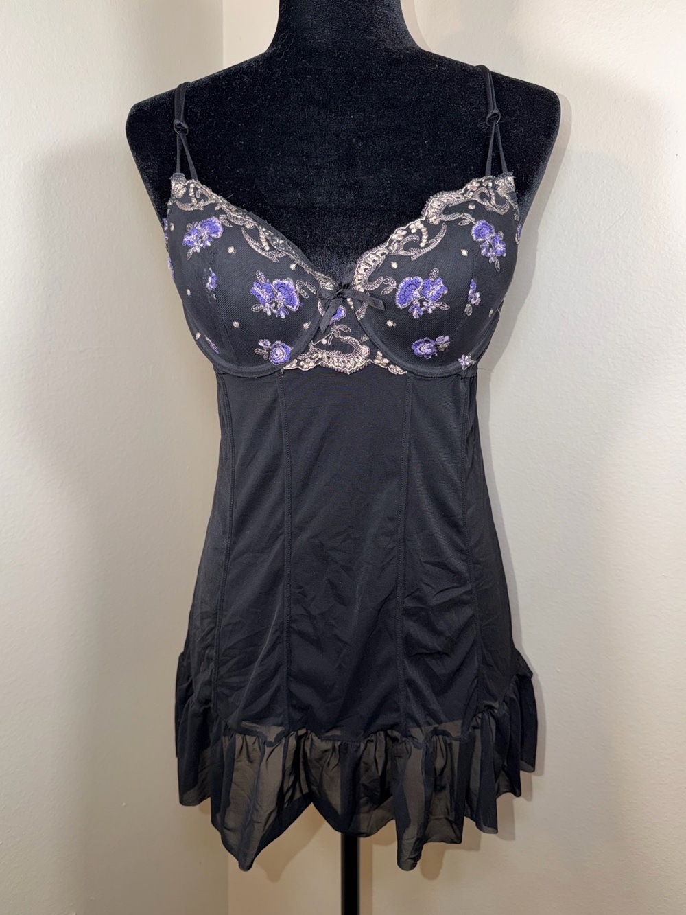 Delicates Black Mesh Embroidered Lingerie Bra Slip Dress Whimsy Fairy Feminine